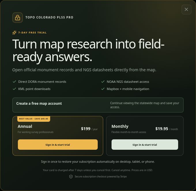 Topo Colorado PLSS Pro prompt showing a free map account option alongside annual and monthly plans for protected research tools.