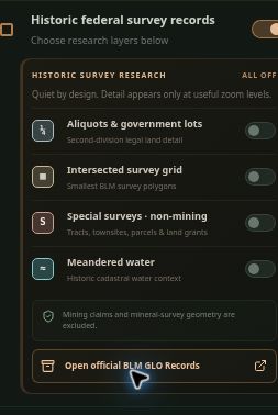 Topo Colorado layer controls with Historic federal survey records expanded, showing all four sublayer toggles off and an official BLM GLO Records source link.