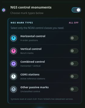Topo Colorado NGS control monuments group expanded with Horizontal, Vertical, Combined, CORS, and Other passive marks subtypes all switched off.