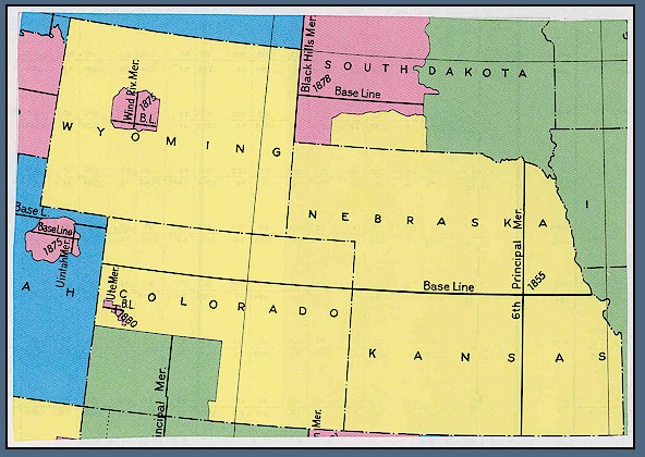 USGS regional reference map showing the Sixth Principal Meridian base line crossing northern Colorado and the adjoining Ute and New Mexico survey areas.